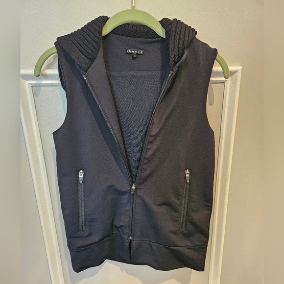 Theory Jackets & Blazers - Theory Black Zip Up Vest With Ribbed Knit Hood Petite